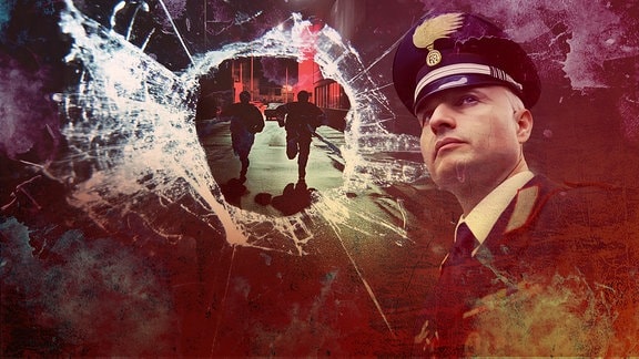 Das Bild zeigt eine Collage mit einem kreisförmigen Bereich, der wie zerbrochenes Glas aussieht. Offenbar handelt es sich um ein Einschussloch. Zwei Personen laufen zu einem rot beleuchteten Bereich. Rechts ist eine Person in Uniform zu sehen: ein italienischer Polizist.